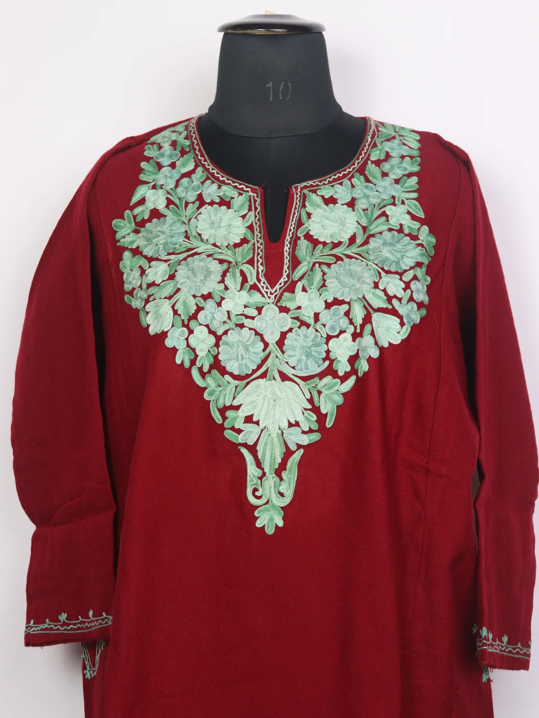 Gulmarg Kashmiri Pheran In Maroon Cashmilon Wool For Women With Aari Kadhai - Image 2
