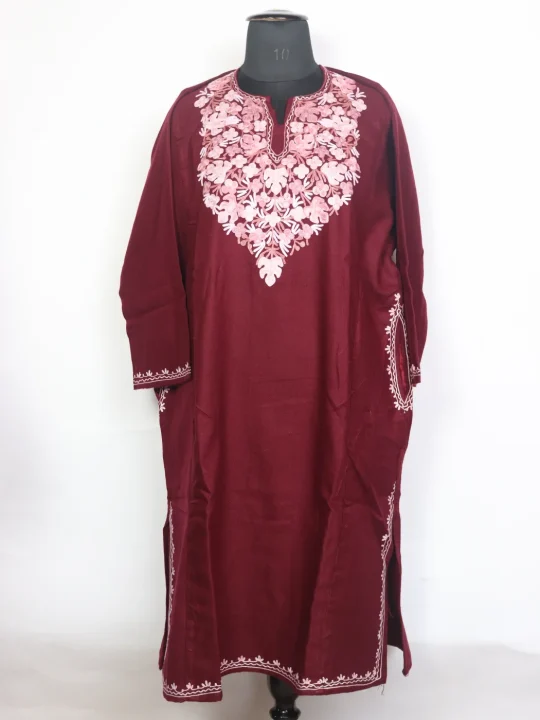 Kashmiri Pheran In Maroon Cashmilon Wool For Women Iqra With Aari Work