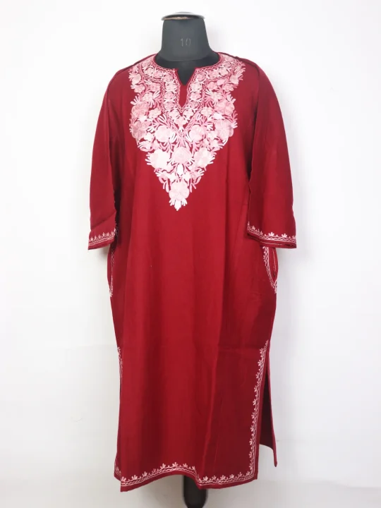 Maroon Kashmiri Pheran In Cashmilon Wool For Women With Aari Work Zooni