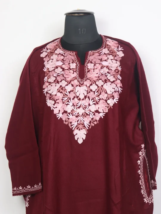 Kashmiri Pheran In Maroon Cashmilon Wool For Women Iqra With Aari Work - Image 2