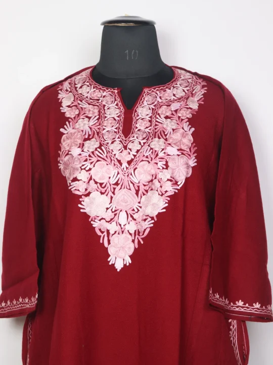 Maroon Kashmiri Pheran In Cashmilon Wool For Women With Aari Work Zooni - Image 2