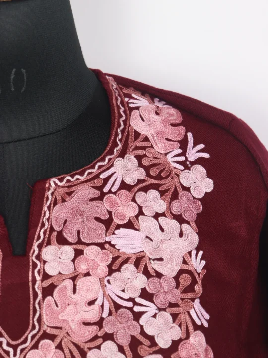 Kashmiri Pheran In Maroon Cashmilon Wool For Women Iqra With Aari Work - Image 3