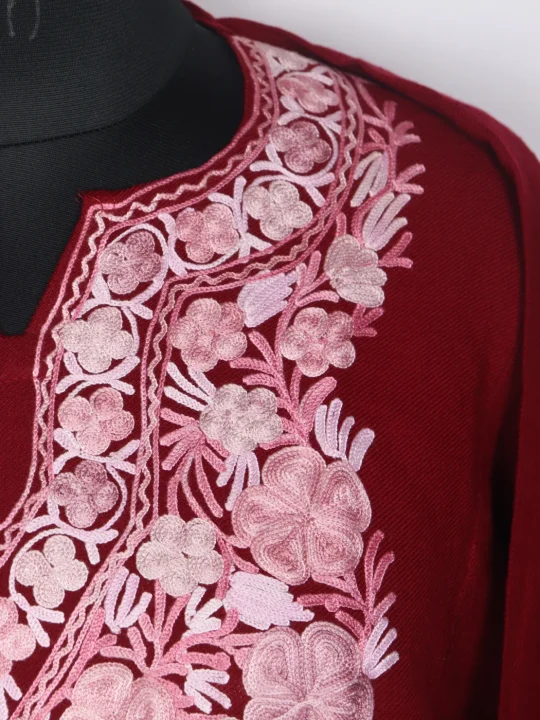 Maroon Kashmiri Pheran In Cashmilon Wool For Women With Aari Work Zooni - Image 3