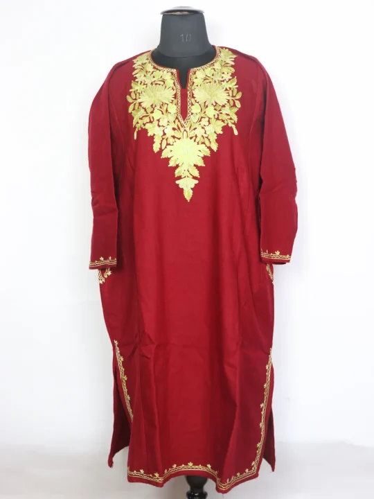 Bisma Kashmiri Pheran In Maroon Cashmilon Wool For Women With Aari Kaam