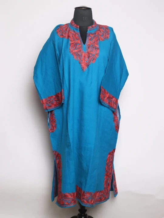Kashmiri Blue Pheran In Cashmilon Wool For Women Zoon With Aari Kaam