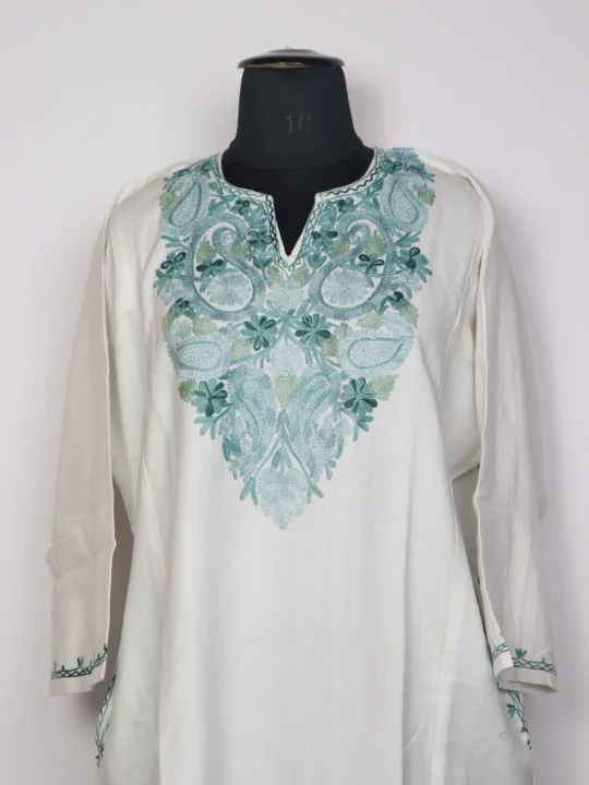 Gulshan Kashmiri Pheran In Cream Cashmilon Wool For Women With Aari Work - Image 2