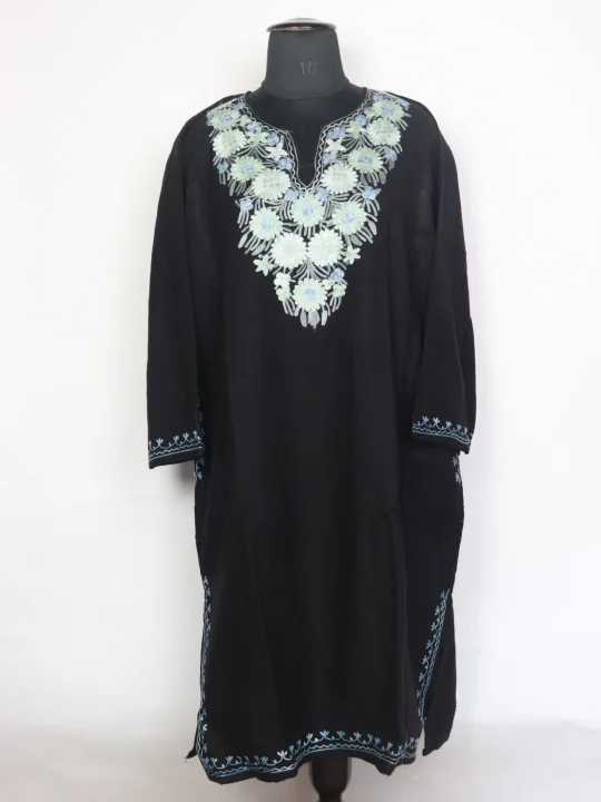 Kashmiri Pheran In Black Cashmilon Wool For Women Yasmeen With Aari Work