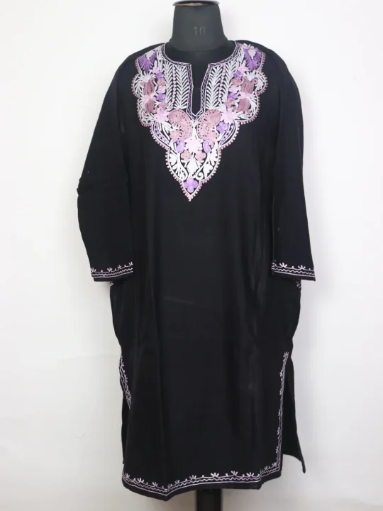 Kashmiri Pheran In Black Cashmilon Wool For Women Mehar With Aari Kaam
