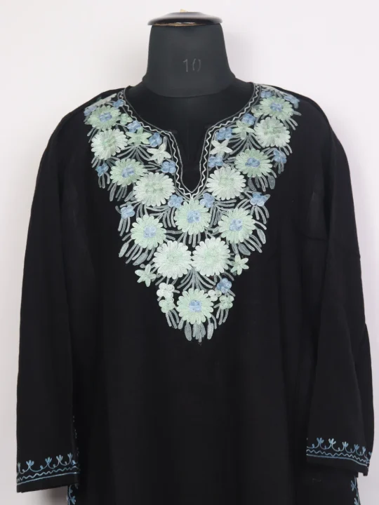 Kashmiri Pheran In Black Cashmilon Wool For Women Yasmeen With Aari Work - Image 2