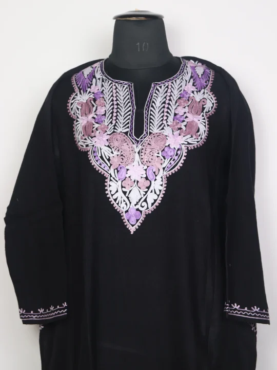 Kashmiri Pheran In Black Cashmilon Wool For Women Mehar With Aari Kaam - Image 2