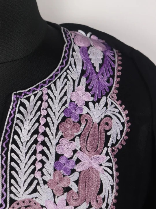 Kashmiri Pheran In Black Cashmilon Wool For Women Mehar With Aari Kaam - Image 3