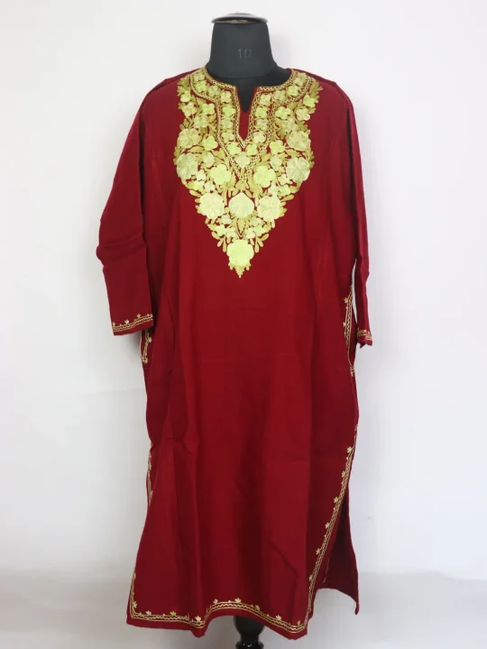 Maroon Kashmiri Pheran In Cashmilon Wool For Women With Aari Embroidery Mehar