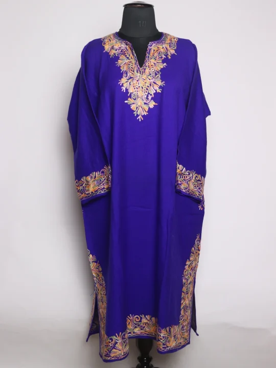 Kashmiri Shams Pheran In Royal-Blue Cashmilon Wool For Women With Aari Embroidery