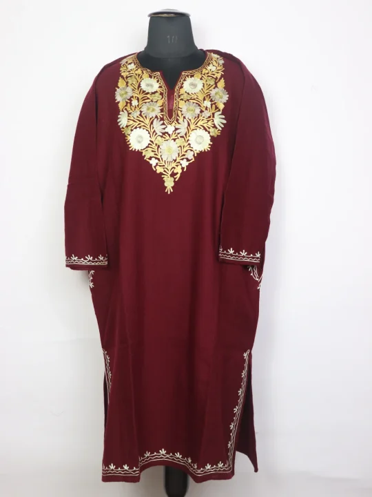 Kashmiri Noori Pheran In Maroon Cashmilon Wool For Women With Aari Kadhai
