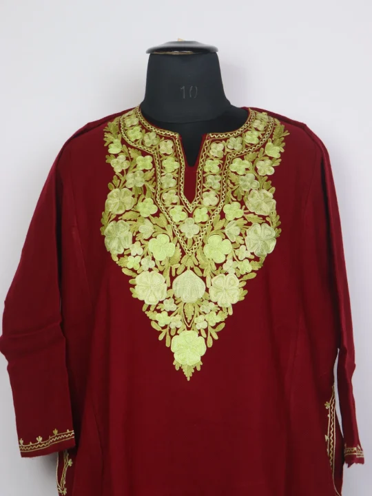Kashmiri Pheran In Maroon Cashmilon Wool For Women Tanseen With Aari Work - Image 2