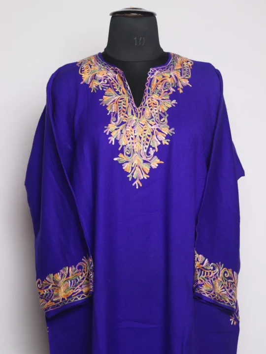 Kashmiri Shams Pheran In Royal-Blue Cashmilon Wool For Women With Aari Embroidery - Image 2