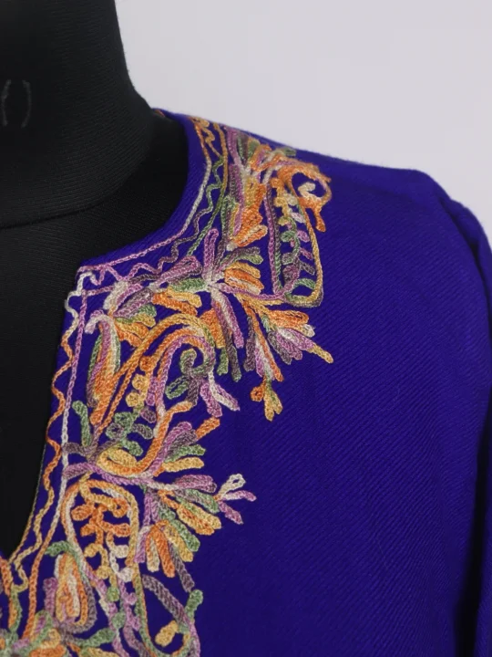 Kashmiri Shams Pheran In Royal-Blue Cashmilon Wool For Women With Aari Embroidery - Image 3