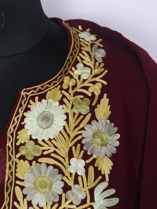 Kashmiri Noori Pheran In Maroon Cashmilon Wool For Women With Aari Kadhai - Image 3