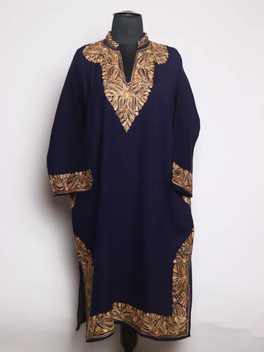 Navy-Blue Kashmiri Pheran Chinar In Cashmilon Wool For Women With Aari Work