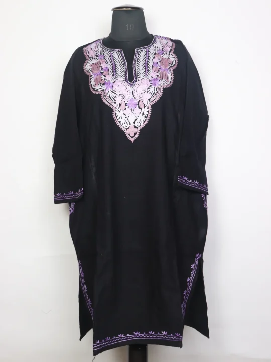 Kashmiri Pheran Badam In Black Cashmilon Wool For Women With Aari Embroidery
