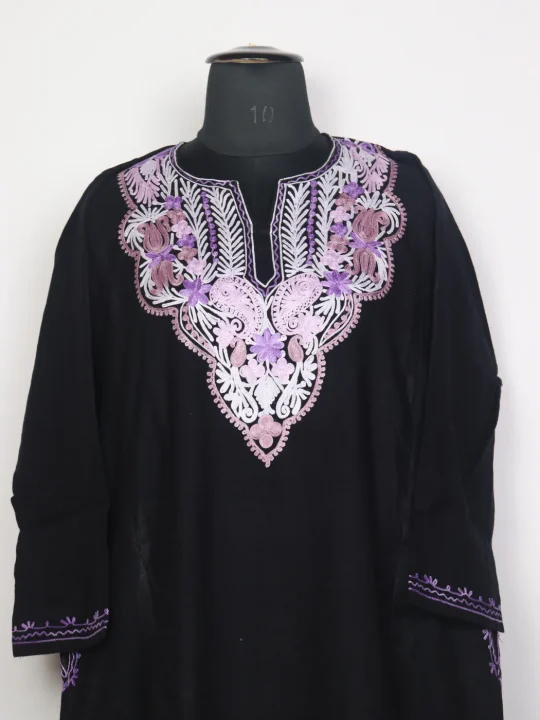 Kashmiri Pheran Badam In Black Cashmilon Wool For Women With Aari Embroidery - Image 2