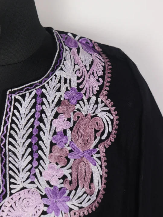 Kashmiri Pheran Badam In Black Cashmilon Wool For Women With Aari Embroidery - Image 3