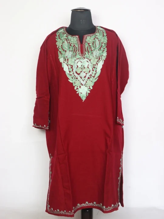 Bilqis Kashmiri Pheran In Maroon Cashmilon Wool For Women With Aari Kadhai