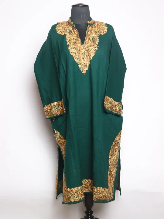 Kashmiri Pheran In Green Cashmilon Wool For Women Nishat With Aari Kaam