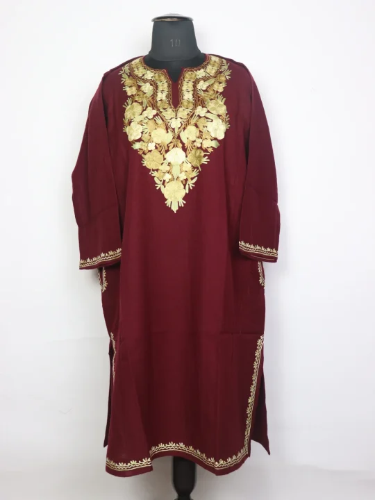 Kashmiri Doon Pheran In Wine Cashmilon Wool For Women With Aari Embroidery