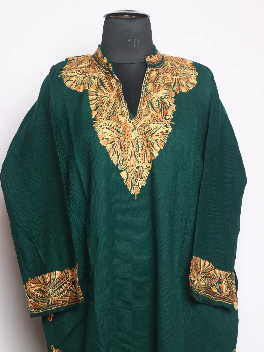 Kashmiri Pheran In Green Cashmilon Wool For Women Nishat With Aari Kaam - Image 2