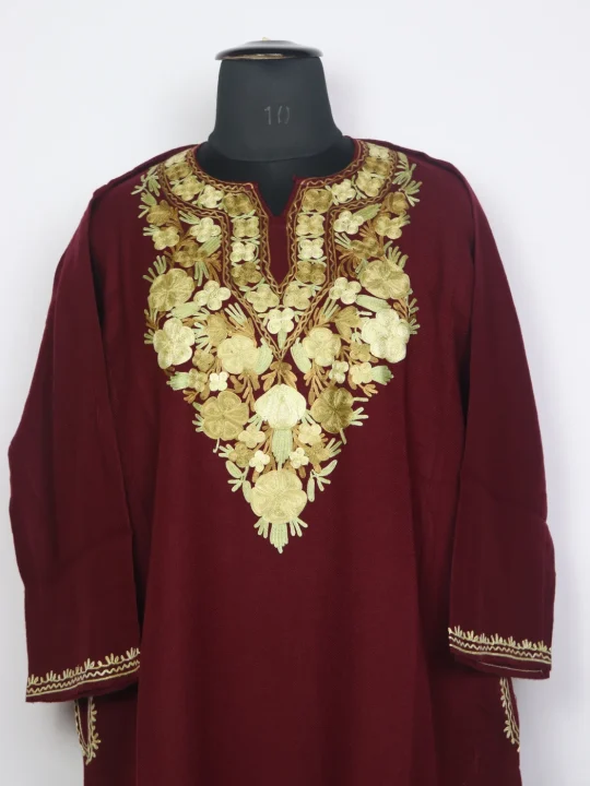 Kashmiri Doon Pheran In Wine Cashmilon Wool For Women With Aari Embroidery - Image 2