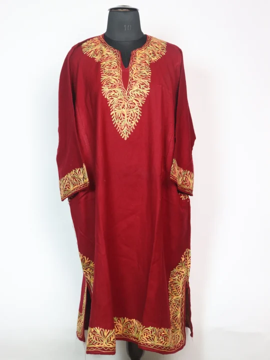 Kashmiri Jehlum Pheran In Maroon Cashmilon Wool For Women With Aari Kadhai