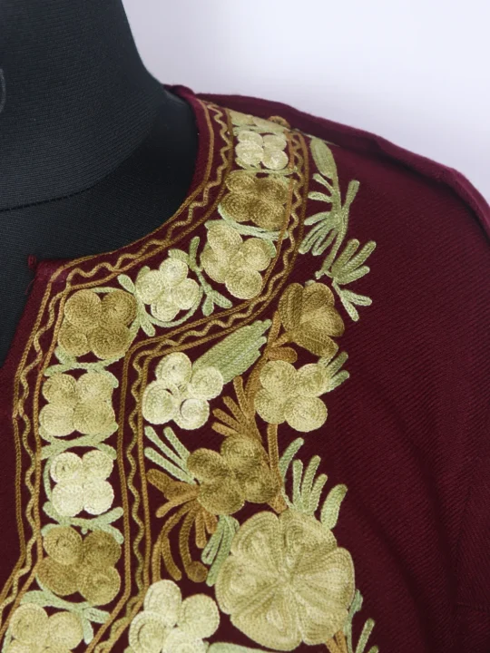 Kashmiri Doon Pheran In Wine Cashmilon Wool For Women With Aari Embroidery - Image 3