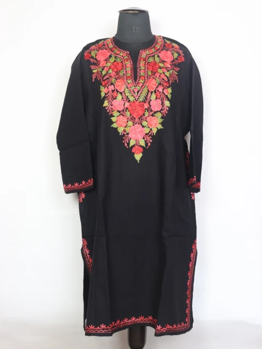Black Kashmiri Pheran In Cashmilon Wool For Women Mehak With Aari Kaam