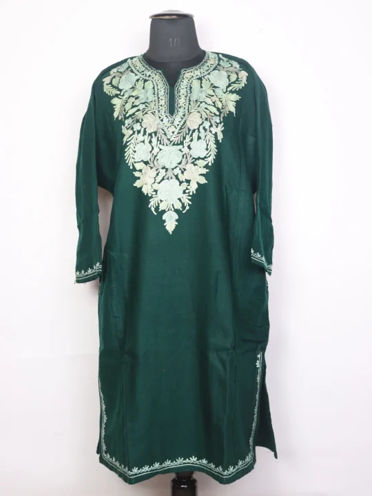 Kashmiri Pheran Aaniya In Green Cashmilon Wool For Women With Aari Embroidery
