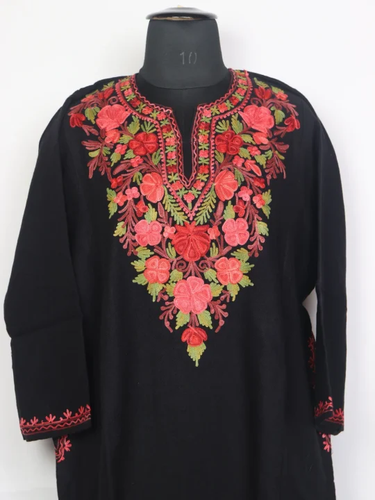 Black Kashmiri Pheran In Cashmilon Wool For Women Mehak With Aari Kaam - Image 2