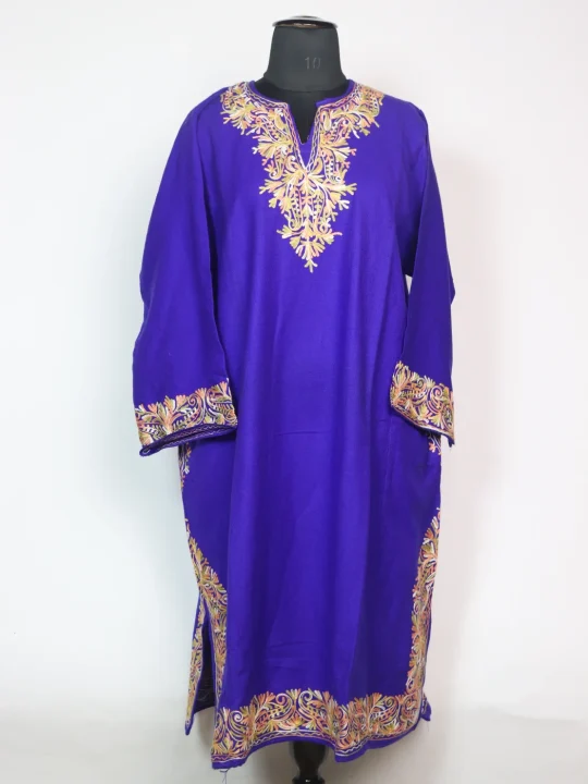 Kashmiri Pheran In Royal-Blue Cashmilon Wool For Women With Aari Embroidery