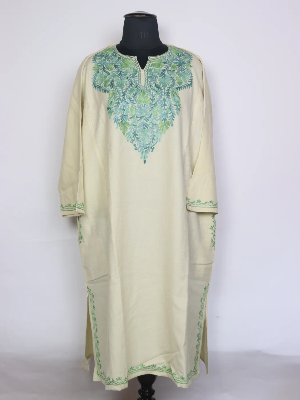 Cream Kashmiri Pheran In Cashmilon Wool For Women With Aari Kadhai Zeba