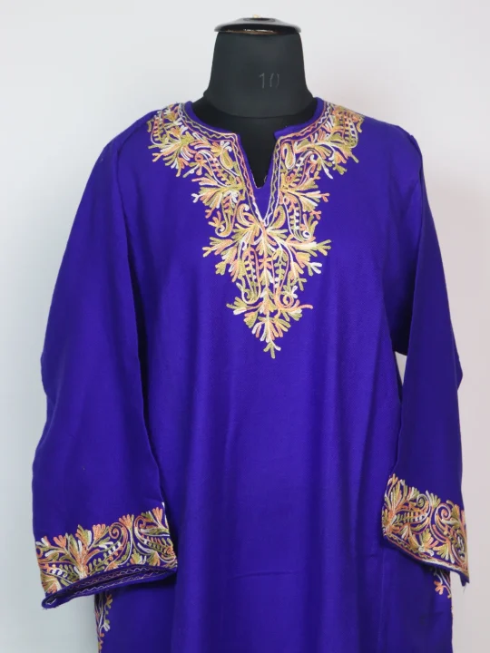 Kashmiri Pheran In Royal-Blue Cashmilon Wool For Women With Aari Embroidery - Image 2