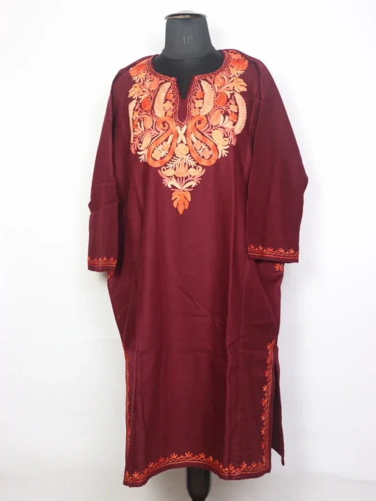 Rifat Kashmiri Pheran In Maroon Cashmilon Wool For Women With Aari Kaam