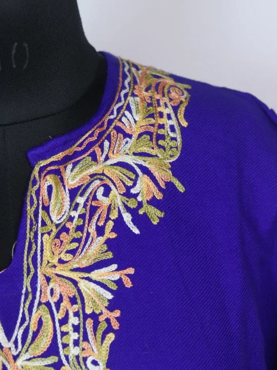 Kashmiri Pheran In Royal-Blue Cashmilon Wool For Women With Aari Embroidery - Image 3