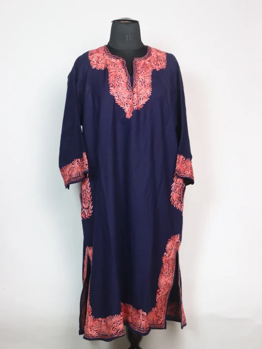 Kashmiri Pheran In Navy-Blue Cashmilon Wool For Women Sara With Aari Work