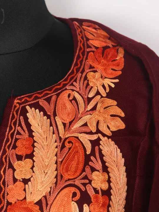 Rifat Kashmiri Pheran In Maroon Cashmilon Wool For Women With Aari Kaam - Image 3