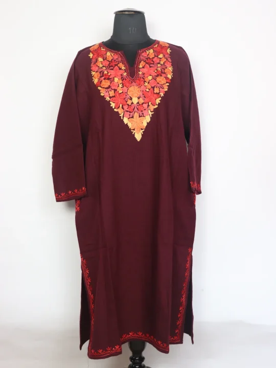 Kashmiri Pheran In Wine Cashmilon Wool For Women Zoon With Aari Work