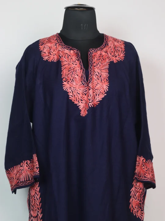 Kashmiri Pheran In Navy-Blue Cashmilon Wool For Women Sara With Aari Work - Image 2