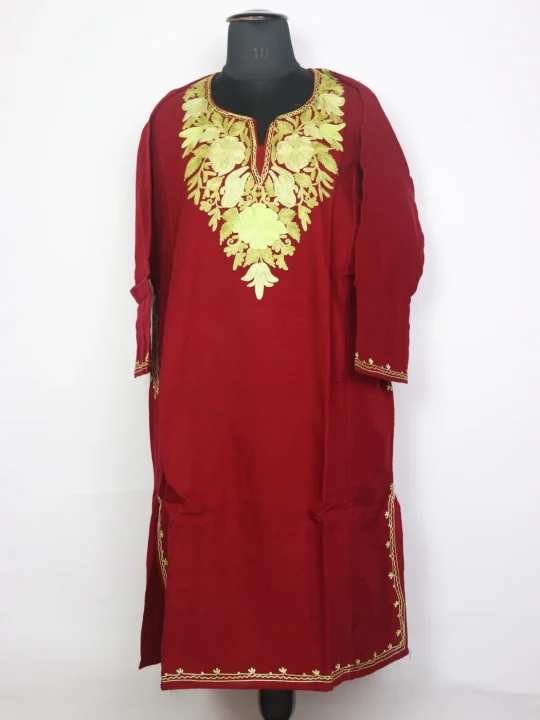 Kashmiri Pheran In Maroon Cashmilon Wool For Women Meekat With Aari Kadhai