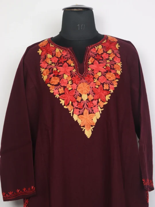 Kashmiri Pheran In Wine Cashmilon Wool For Women Zoon With Aari Work - Image 2