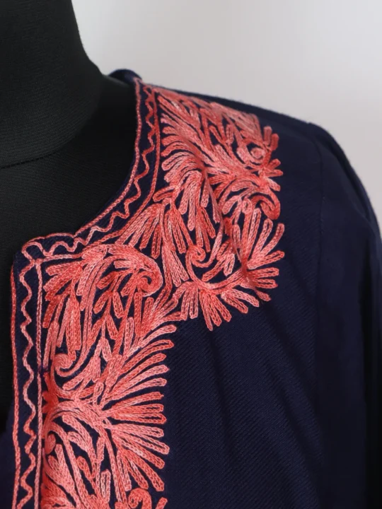 Kashmiri Pheran In Navy-Blue Cashmilon Wool For Women Sara With Aari Work - Image 3