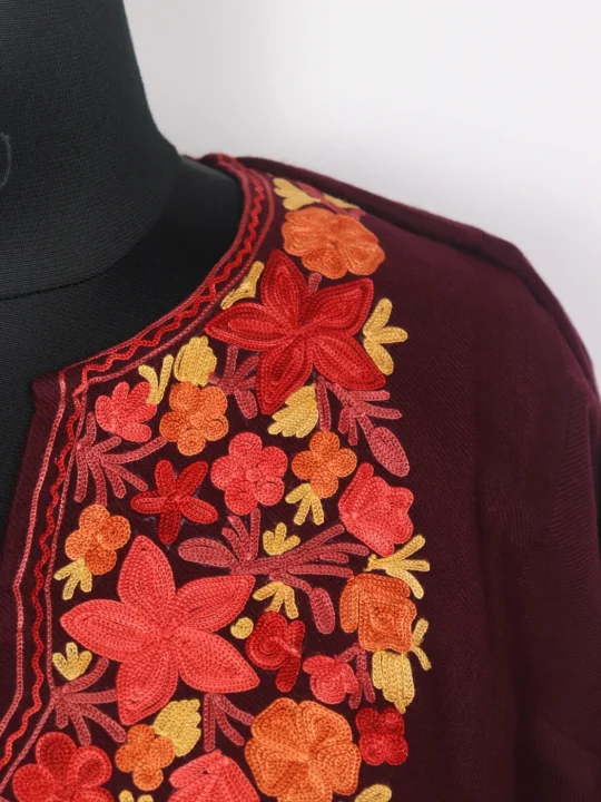Kashmiri Pheran In Wine Cashmilon Wool For Women Zoon With Aari Work - Image 3