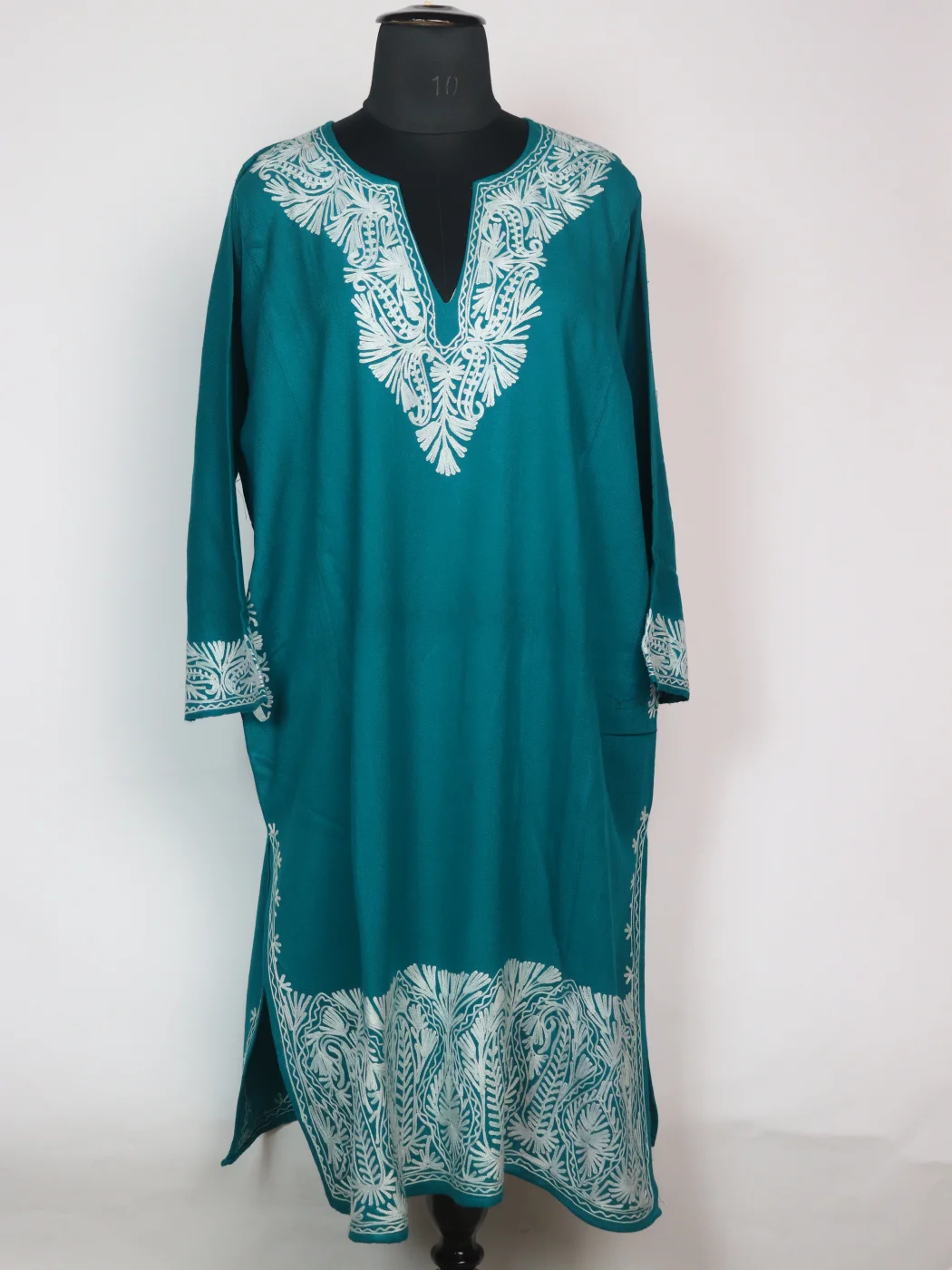 Kashmiri Teal Pheran In Cashmilon Wool For Women With Aari Kaam Afsha
